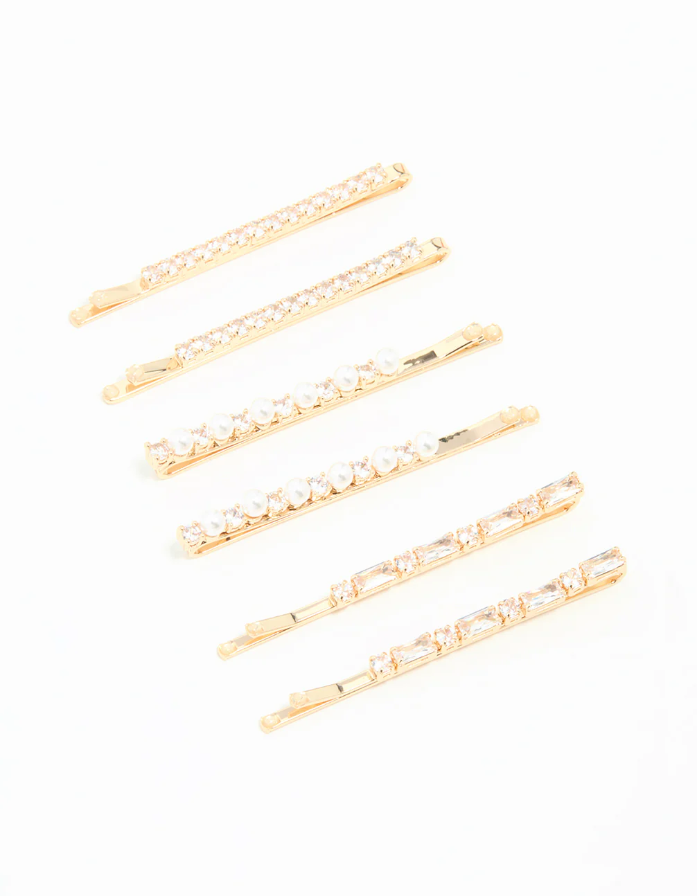 Gold Cubic Zirconia & Pearl Hair Clips 6-Pack