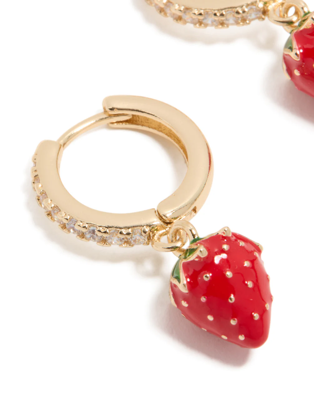 Gold Cubic Zirconia Strawberry Huggie Earrings - Image 4