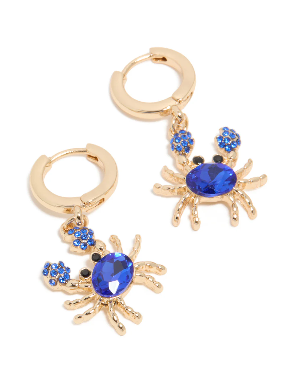 Gold Dark Blue Diamante Crab Huggie Earrings - Image 2
