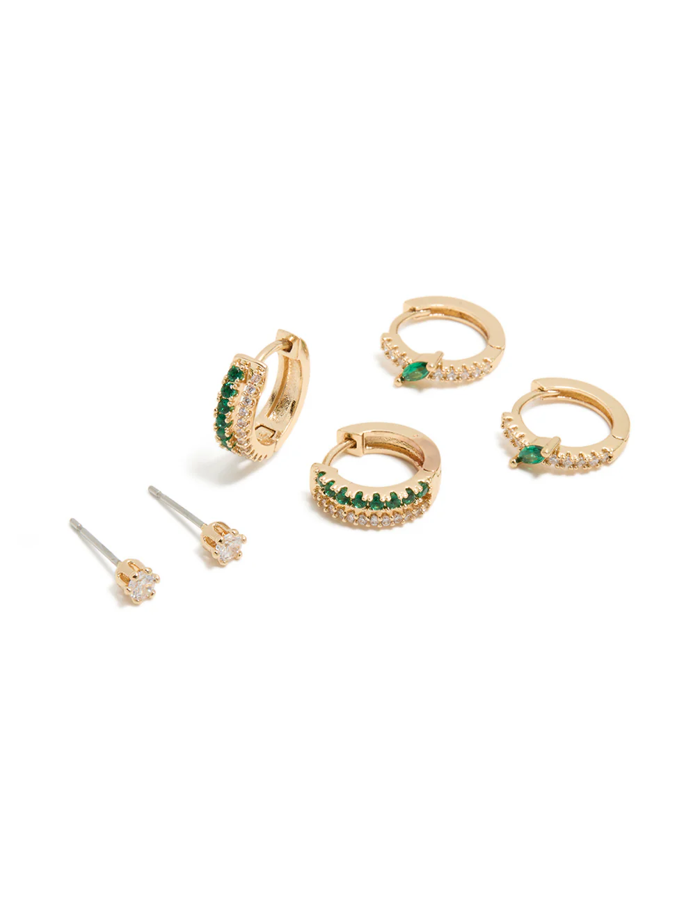Gold Dark Green Cubic Zirconia Hoop & Stud Earrings 3-Pack - Image 2