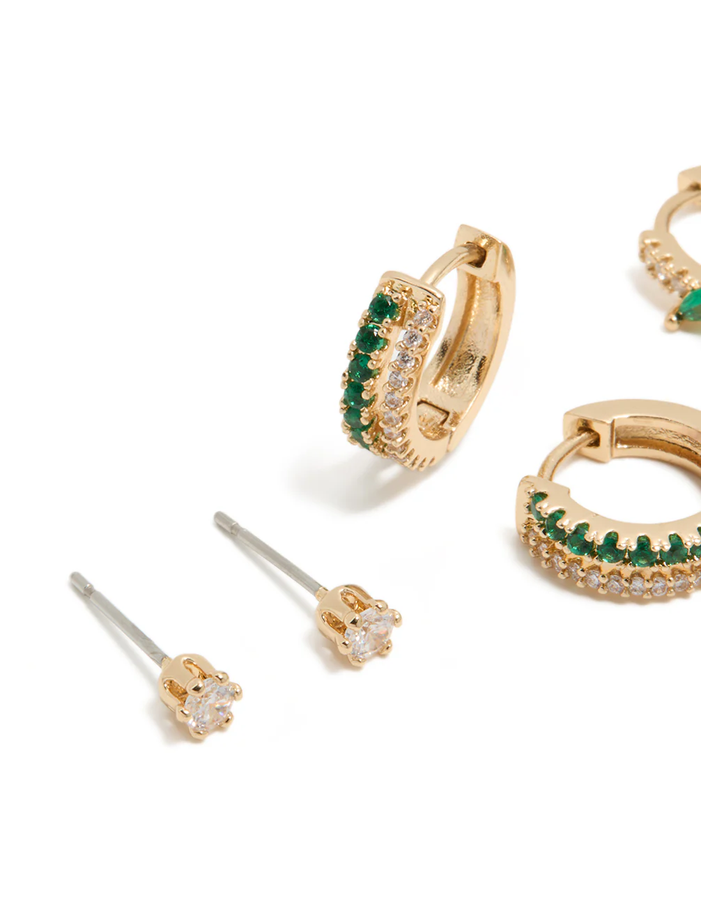 Gold Dark Green Cubic Zirconia Hoop & Stud Earrings 3-Pack - Image 4