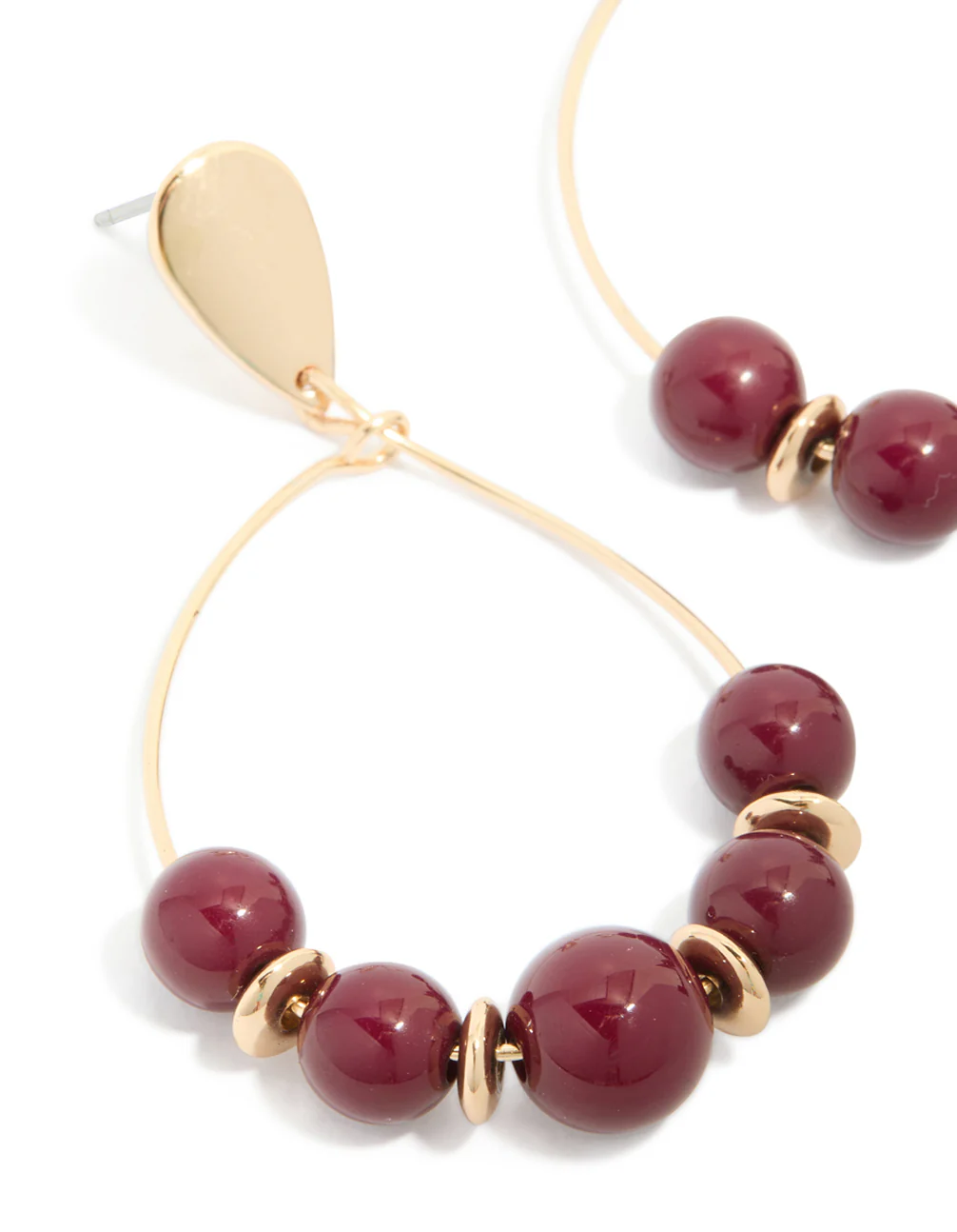 Gold Dark Red Beaded Drop Earrings - Image 4
