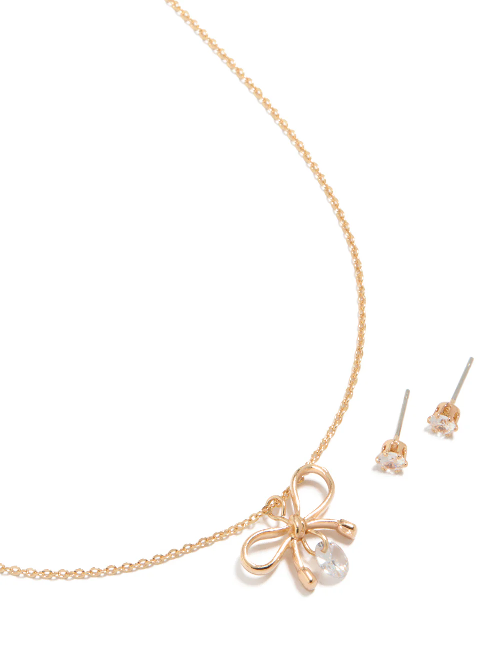 Gold Diamante Bow Pearl Necklace & Plain Stud Earrings Set