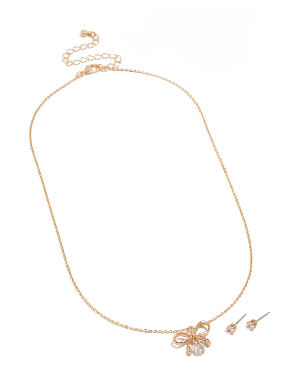 Gold Diamante Bow Pearl Necklace & Plain Stud Earrings Set - Image 2