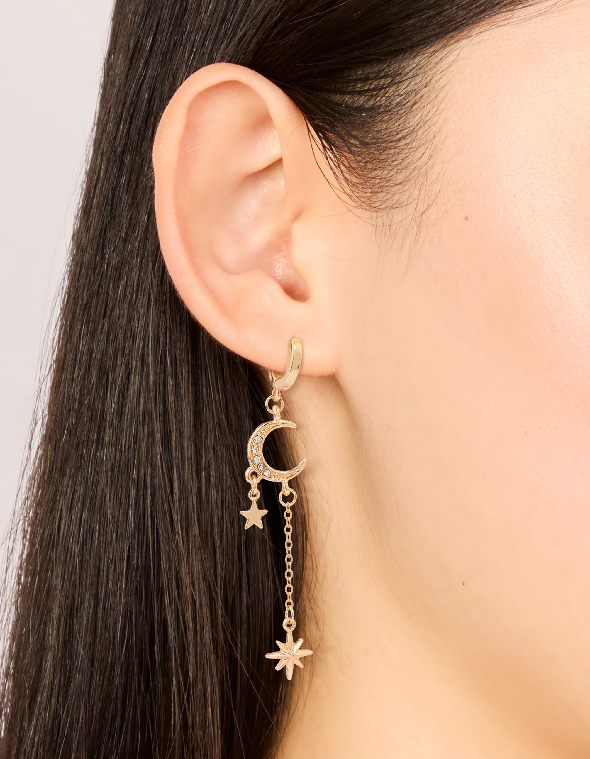 Gold Diamante Celestial Chain Drop Huggie Earrings - Image 2
