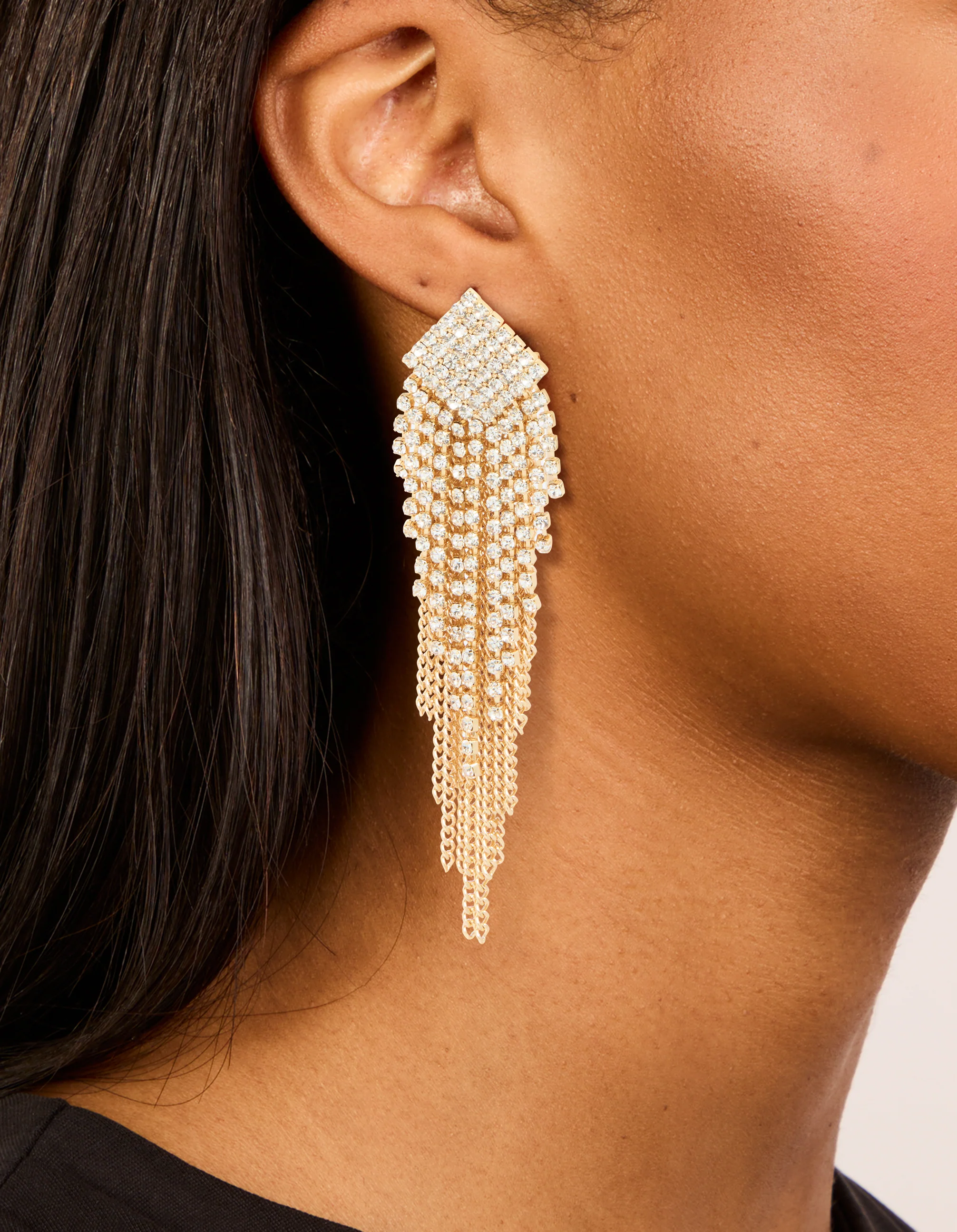Gold Diamante Chain Fringe Earrings - Image 2