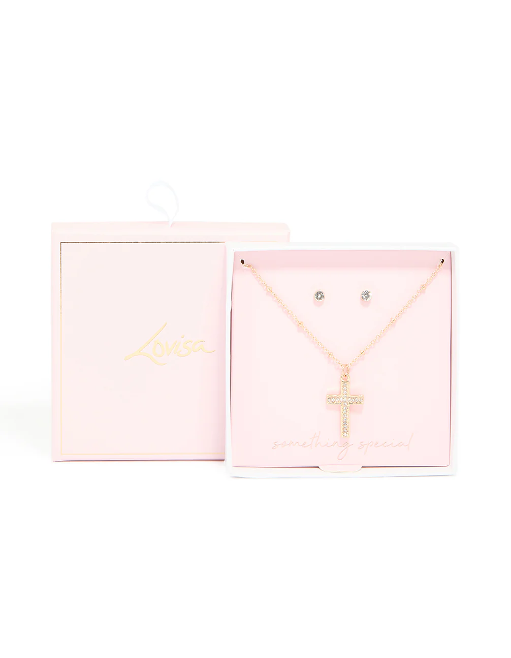 Gold Diamante Cross Pendant Necklace & Stud Earrings Set - Image 3