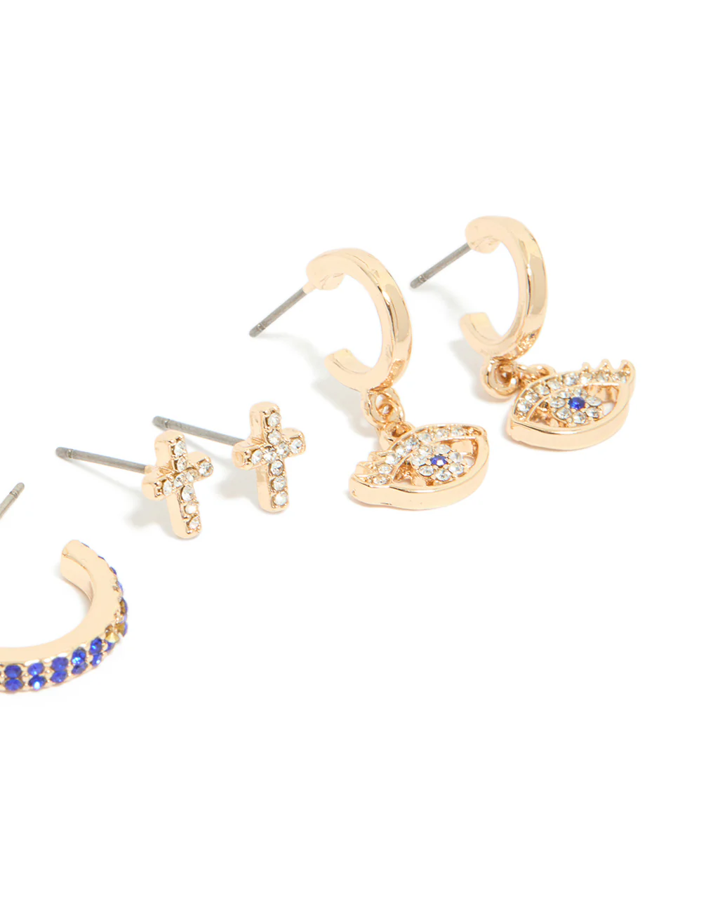 Gold Diamante Evil Eye & Cross Earrings 5-Pack - Image 3