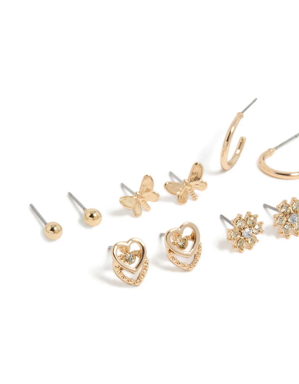 Gold Diamante Flower & Butterfly Stud Earrings 7-Pack - Image 2