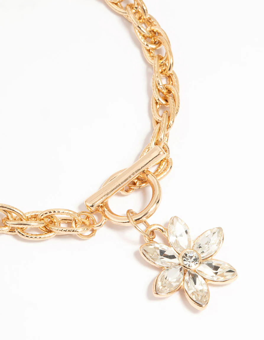Gold Diamante Flower Charm T & O Bracelet - Image 3
