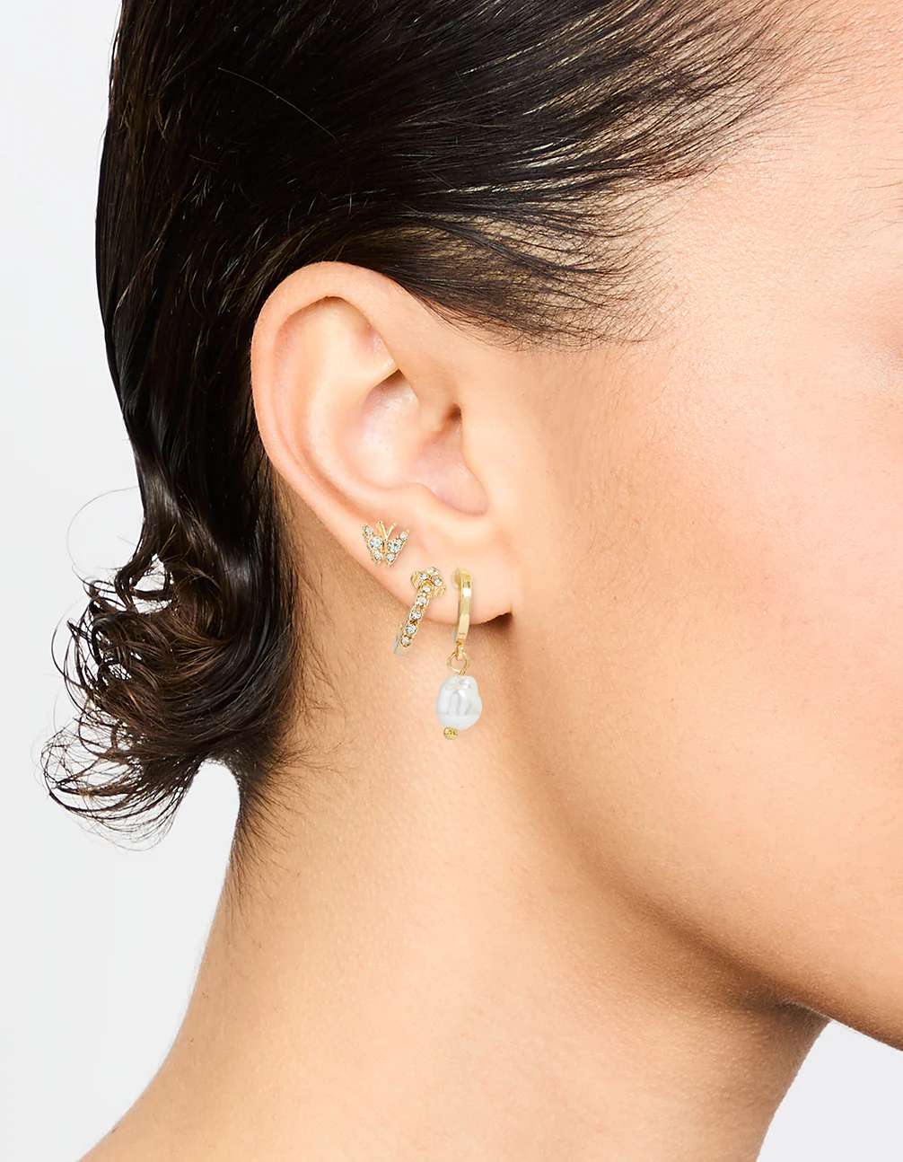 Gold Diamante Pearl Hoop & Stud Earrings 3-Pack - Image 2
