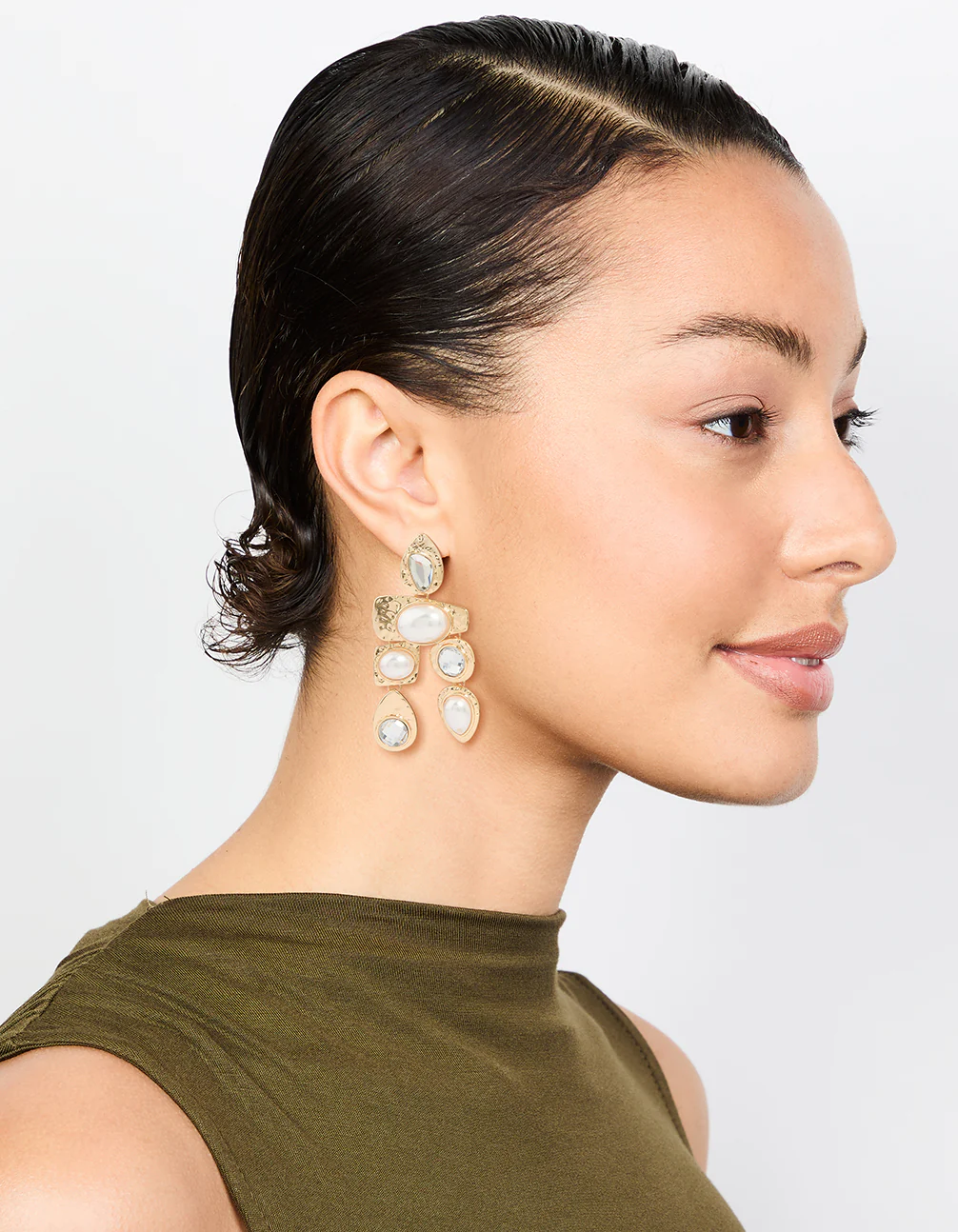 Gold Diamante Pearl Molten Drop Earrings - Image 3