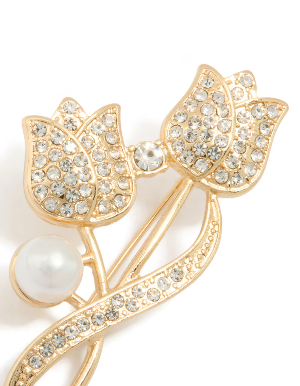 Gold Diamante Tulip Flower & Pearl Brooch - Image 2