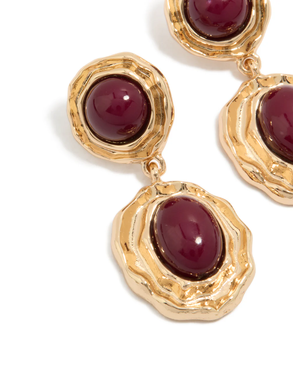 Gold Double Burgundy Resin Drop Earrings - Image 2