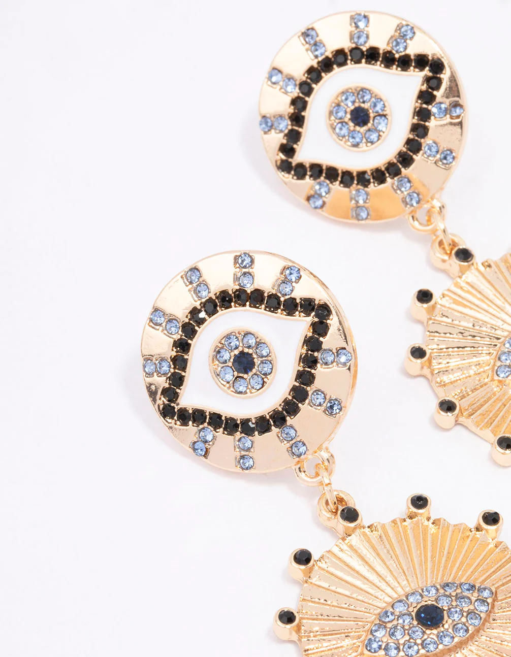 Gold Double Eye Disc Drop Earrings - Image 2