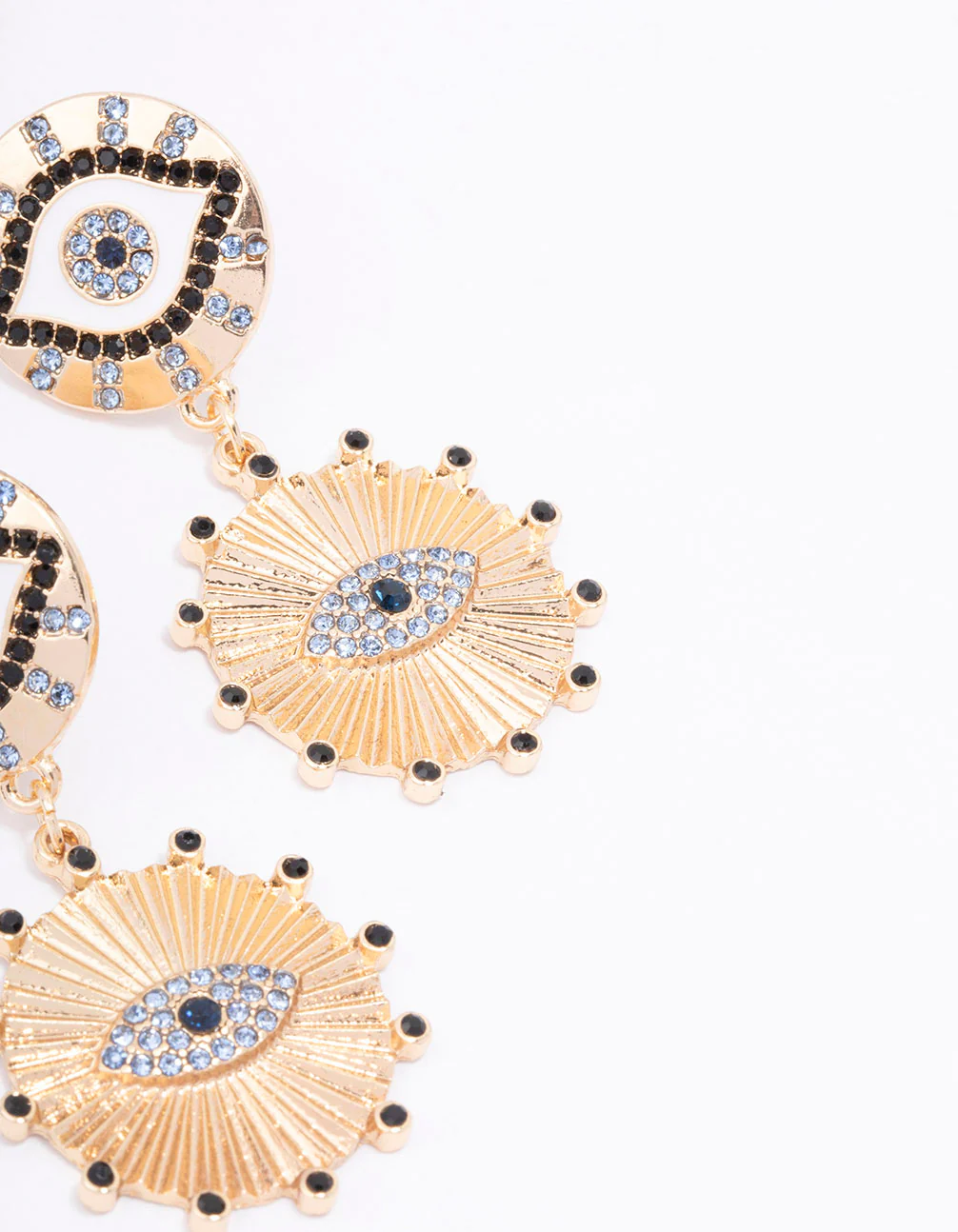 Gold Double Eye Disc Drop Earrings - Image 3