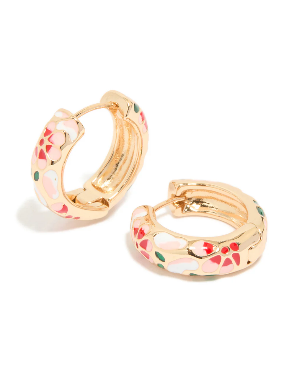 Gold Enamel Floral Thick Huggie Earrings - Image 2