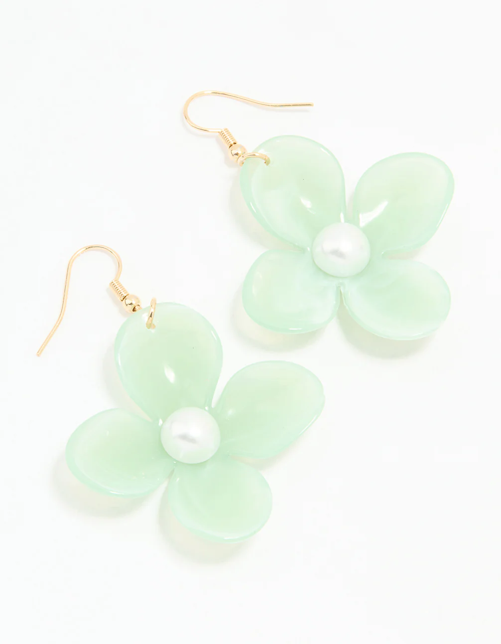 Gold Green Acrylic Pearl Center Flower Drop Earrings