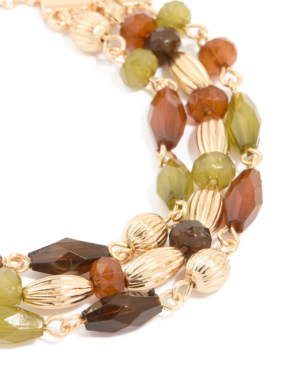 Gold Green & Brown Beaded Triple Layered Toggle Bracelet - Image 2