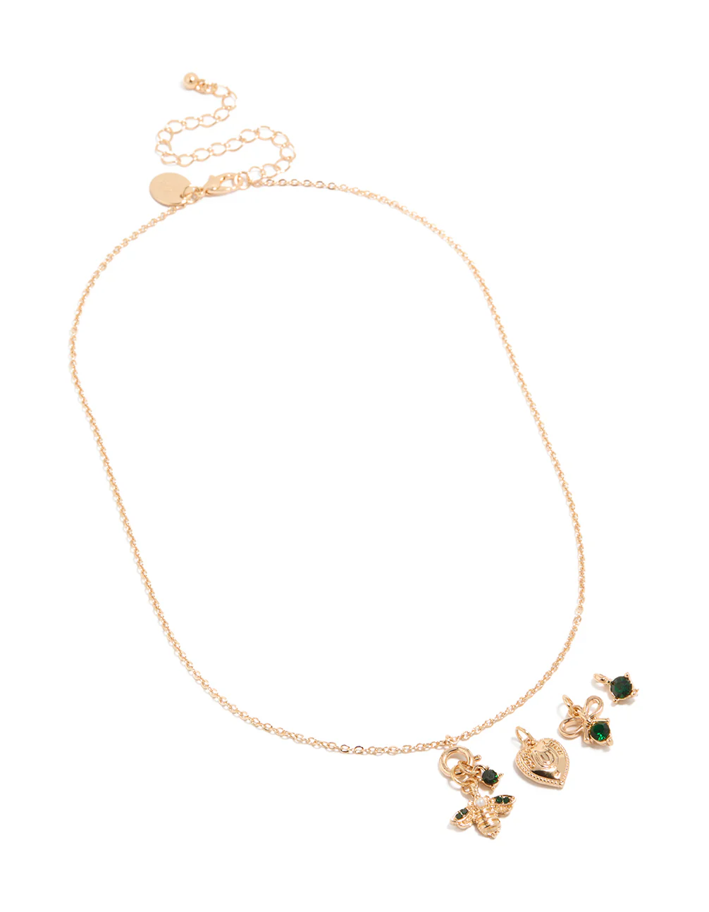 Gold Green Diamante Bee Heart Bow Charm Necklace - Image 2