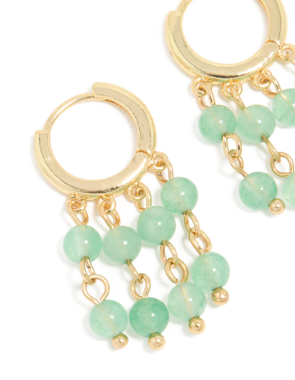 Gold Green Jade Semi Precious Stone Beaded Fringe Drop Earrings - Image 4