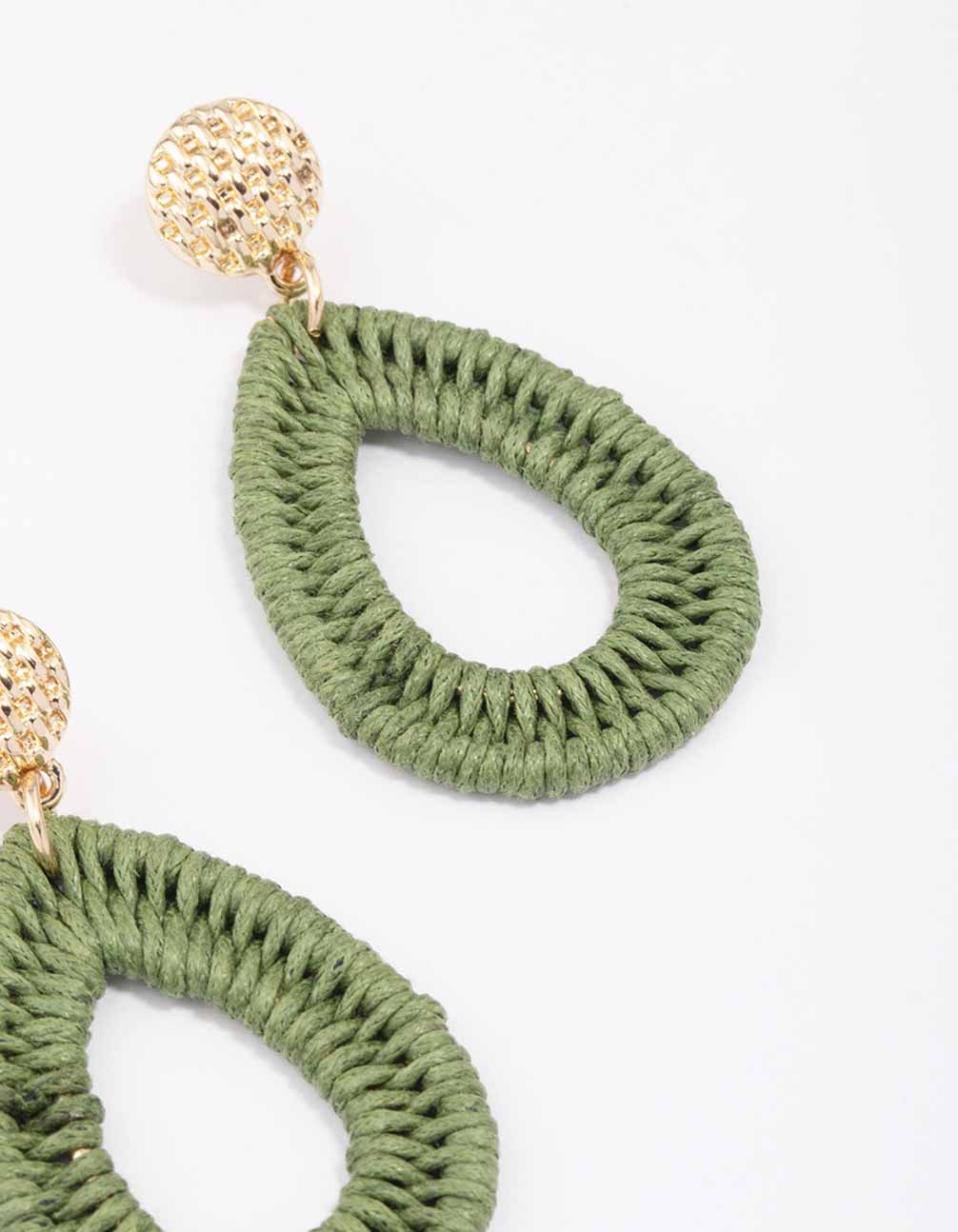 Gold & Green Oval Raffia Stud Drop Earrings - Image 3