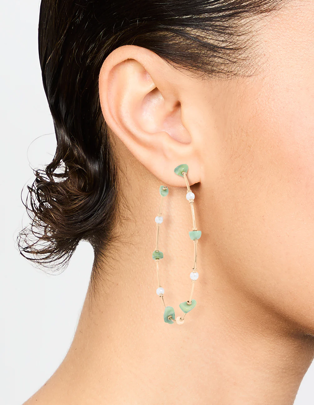Gold Green Stone & Pearl Hoop Earrings - Image 2