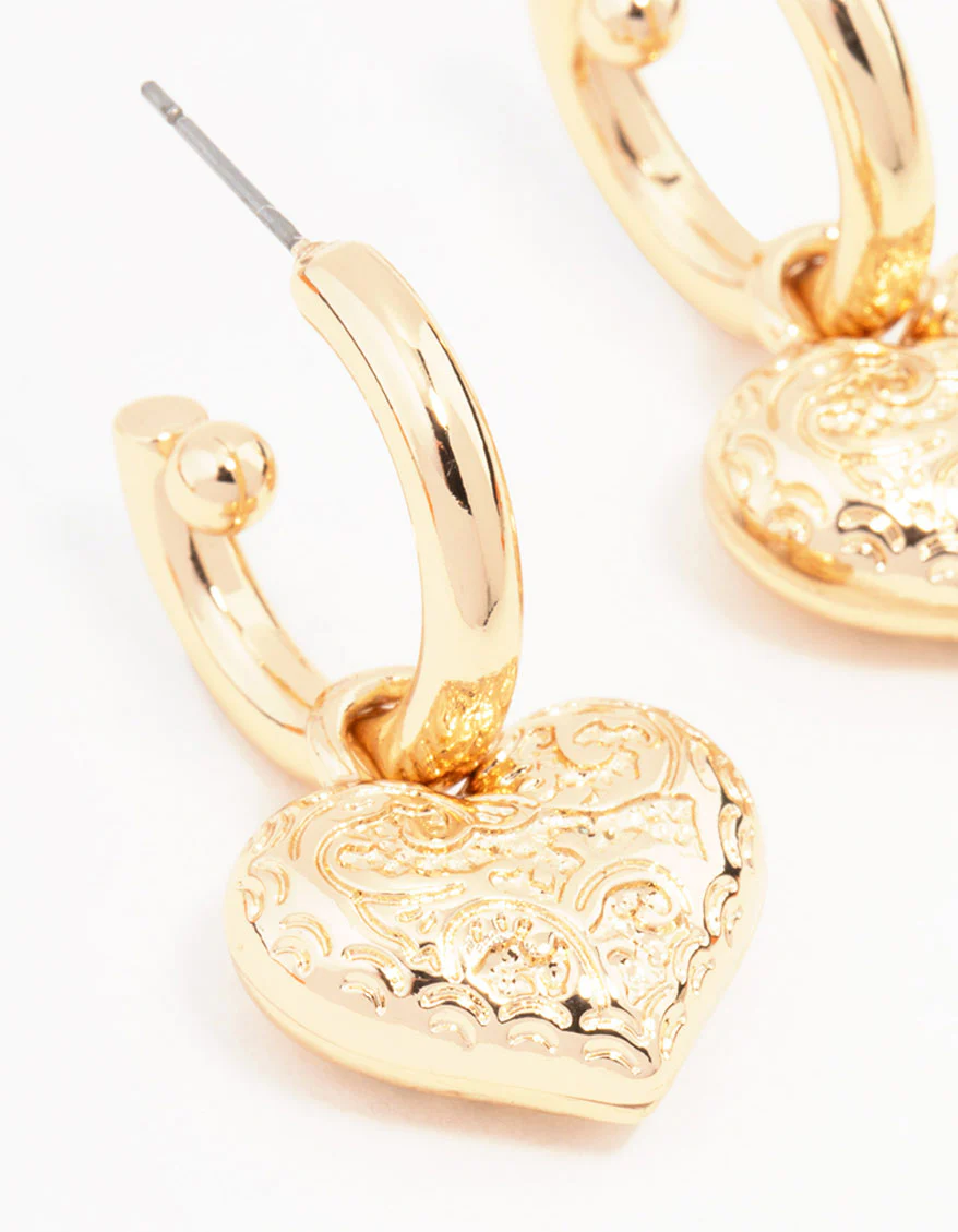 Gold Heart Drop Hoop Earrings - Image 2