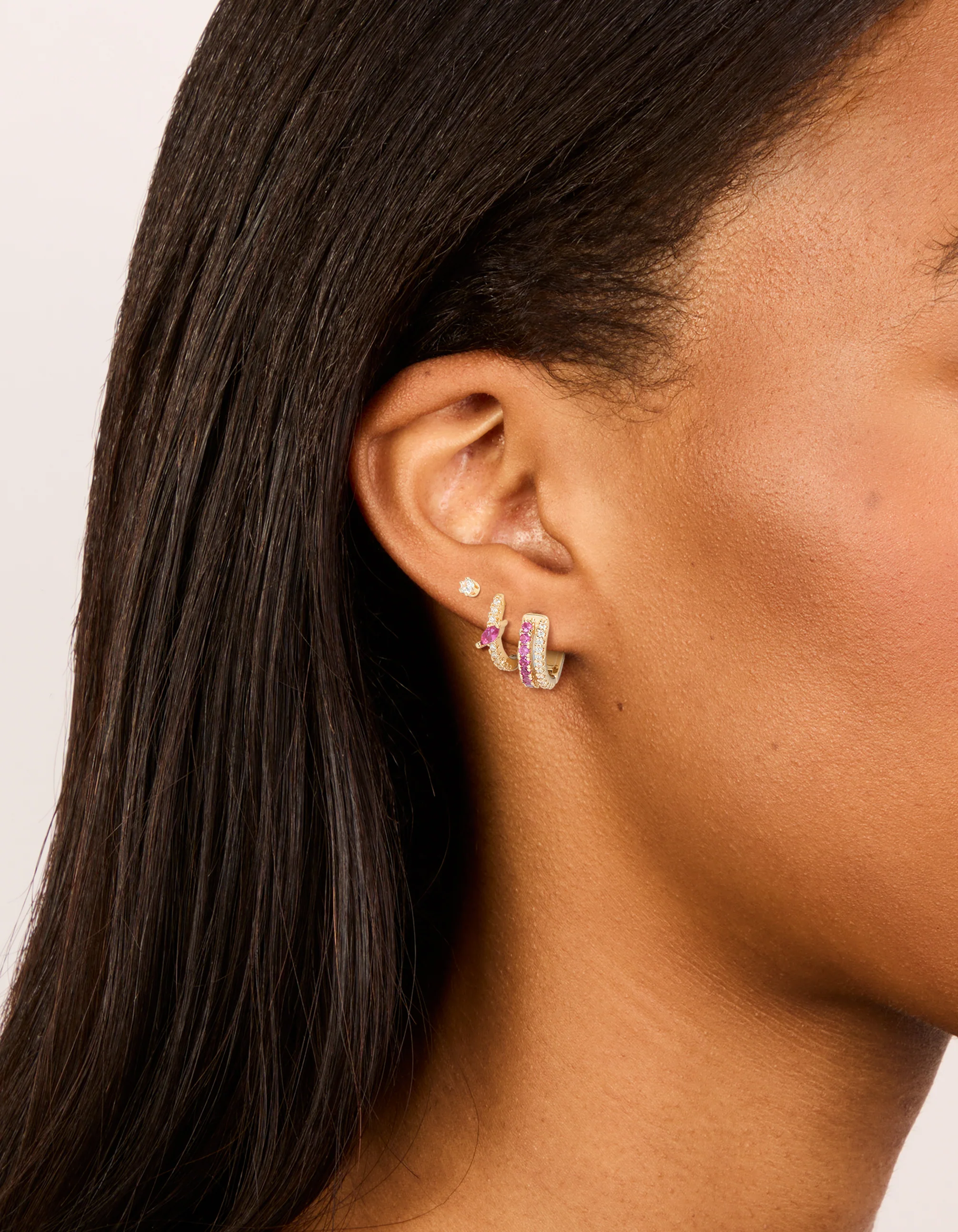 Gold Hot Pink Cubic Zirconia Hoop & Stud Earrings 3-Pack