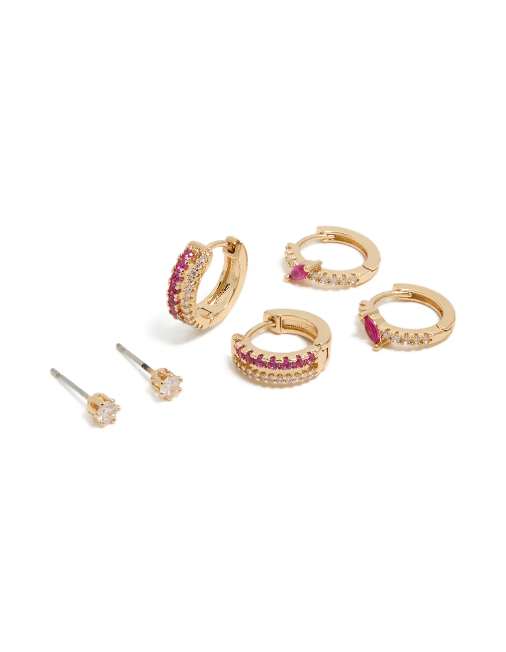 Gold Hot Pink Cubic Zirconia Hoop & Stud Earrings 3-Pack - Image 2
