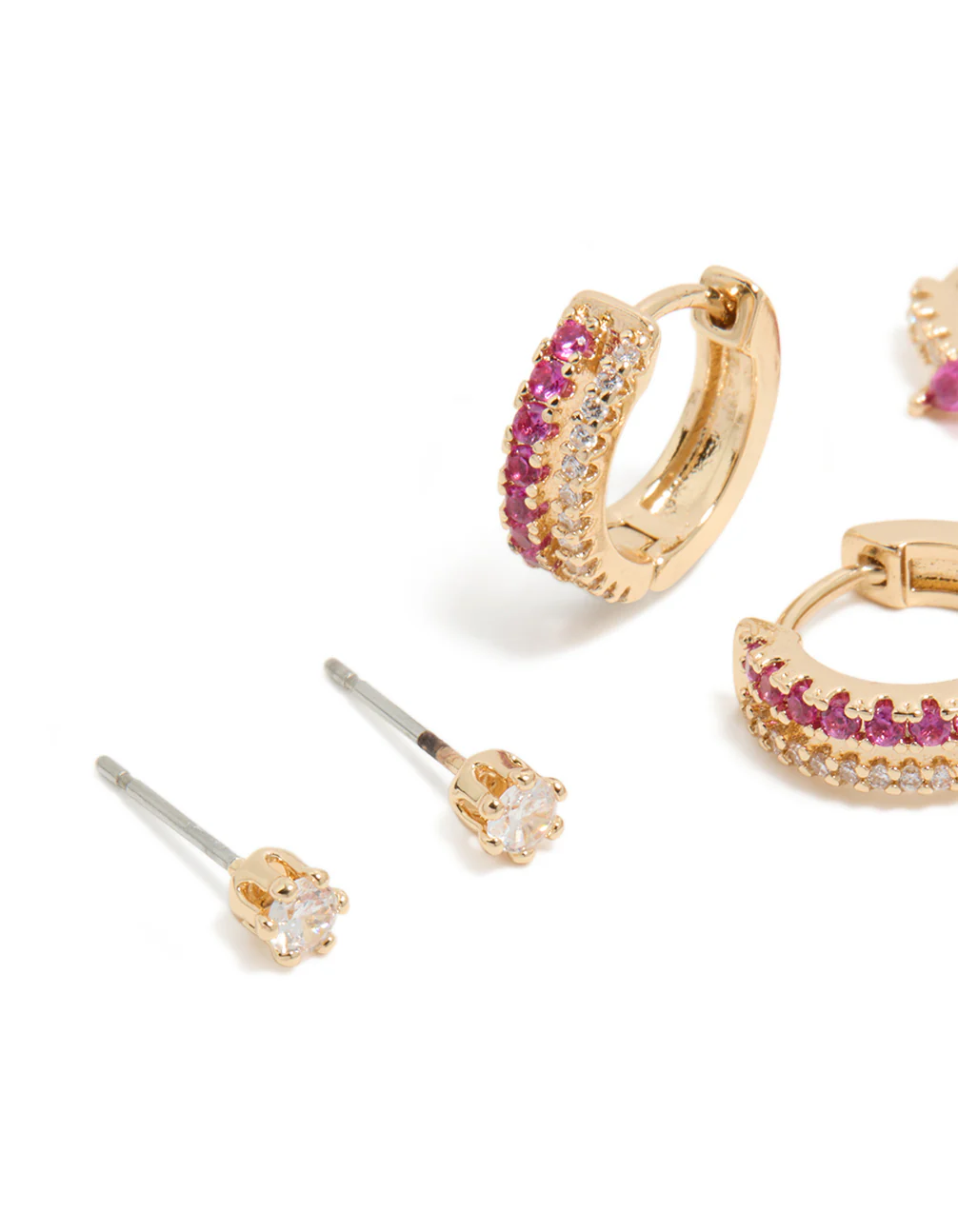 Gold Hot Pink Cubic Zirconia Hoop & Stud Earrings 3-Pack - Image 4
