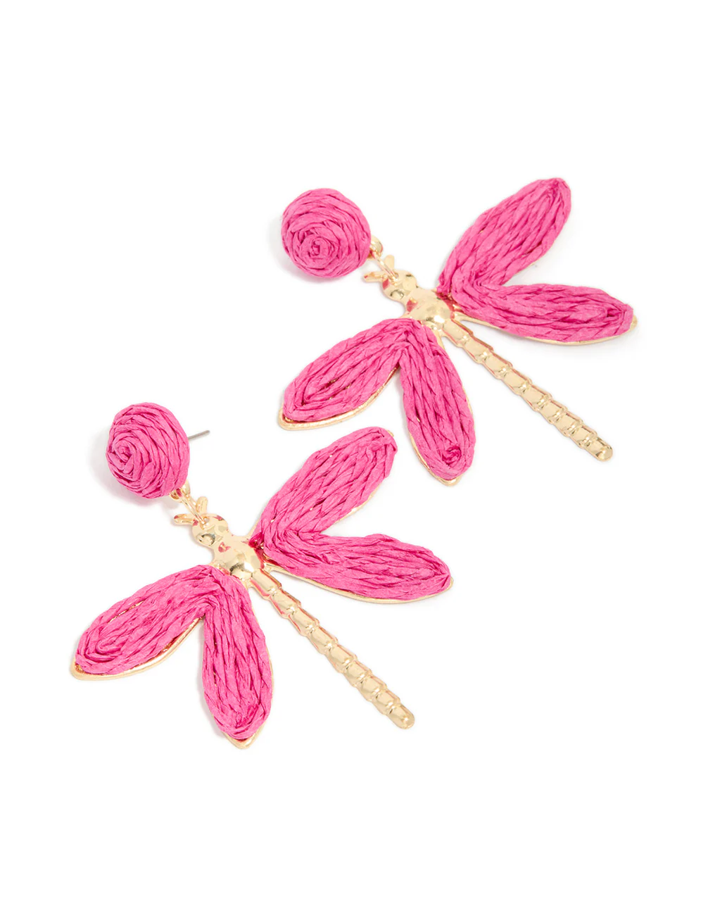 Gold Hot Pink Raffia Dragonfly Drop Earrings - Image 2