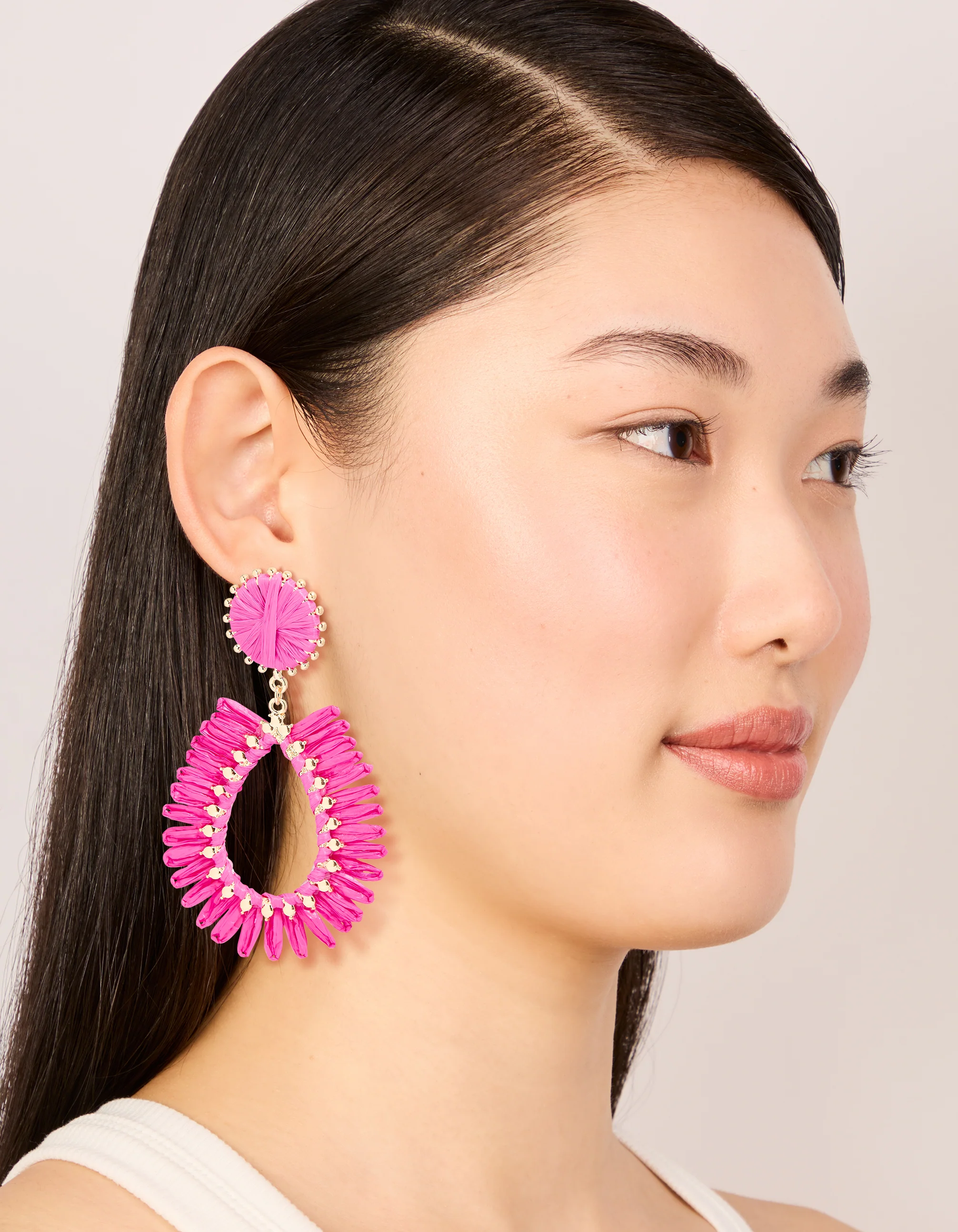 Gold Hot Pink Raffia Oval Drop Earrings - Image 3