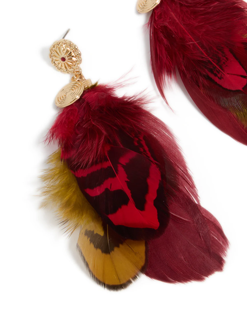 Gold Hot Pink & Yellow Feather Drop Earrings - Image 4
