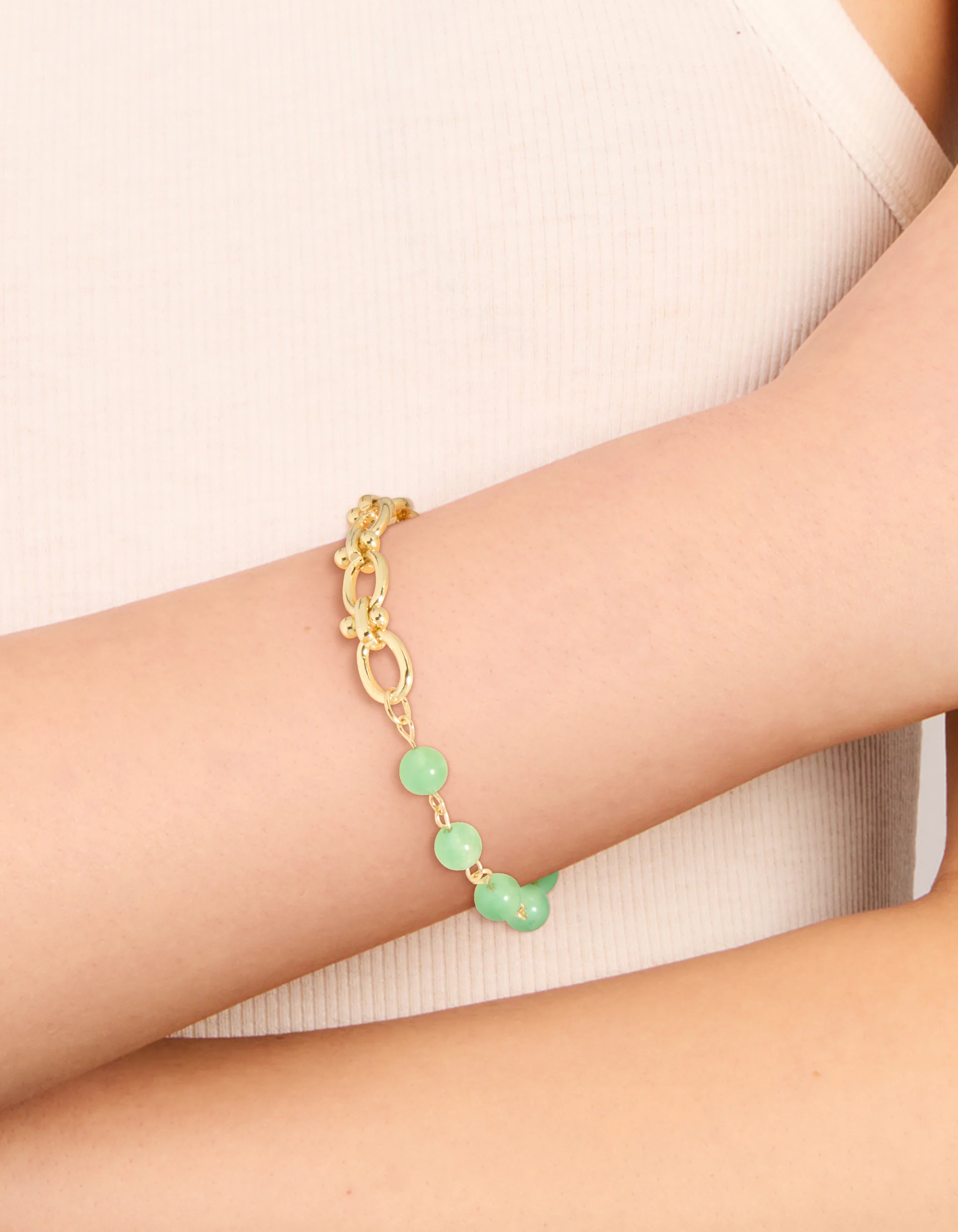 Gold Jade Semi Precious Stone Beaded Chain Bracelet - Image 2