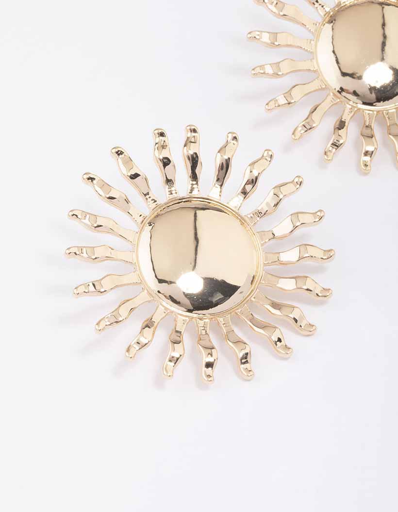 Gold Large Wavy Sun Stud Earrings - Image 2