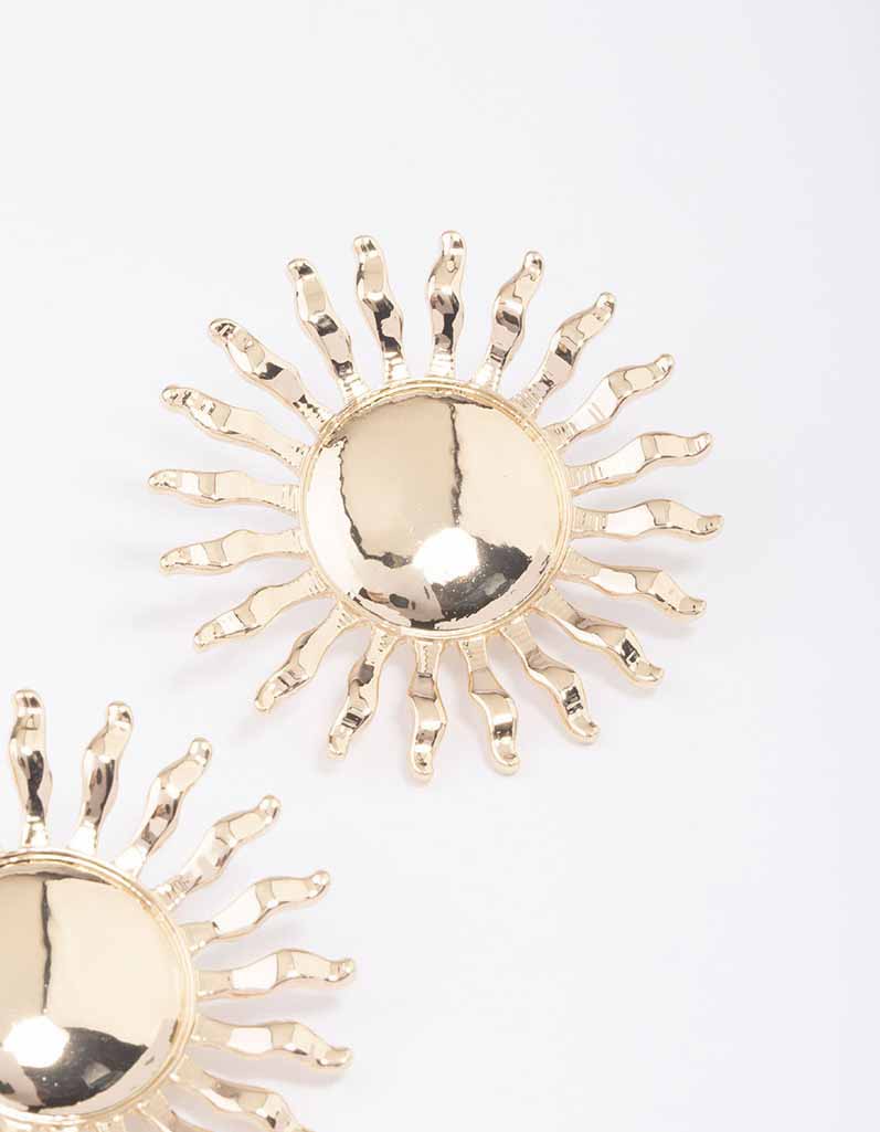 Gold Large Wavy Sun Stud Earrings - Image 3
