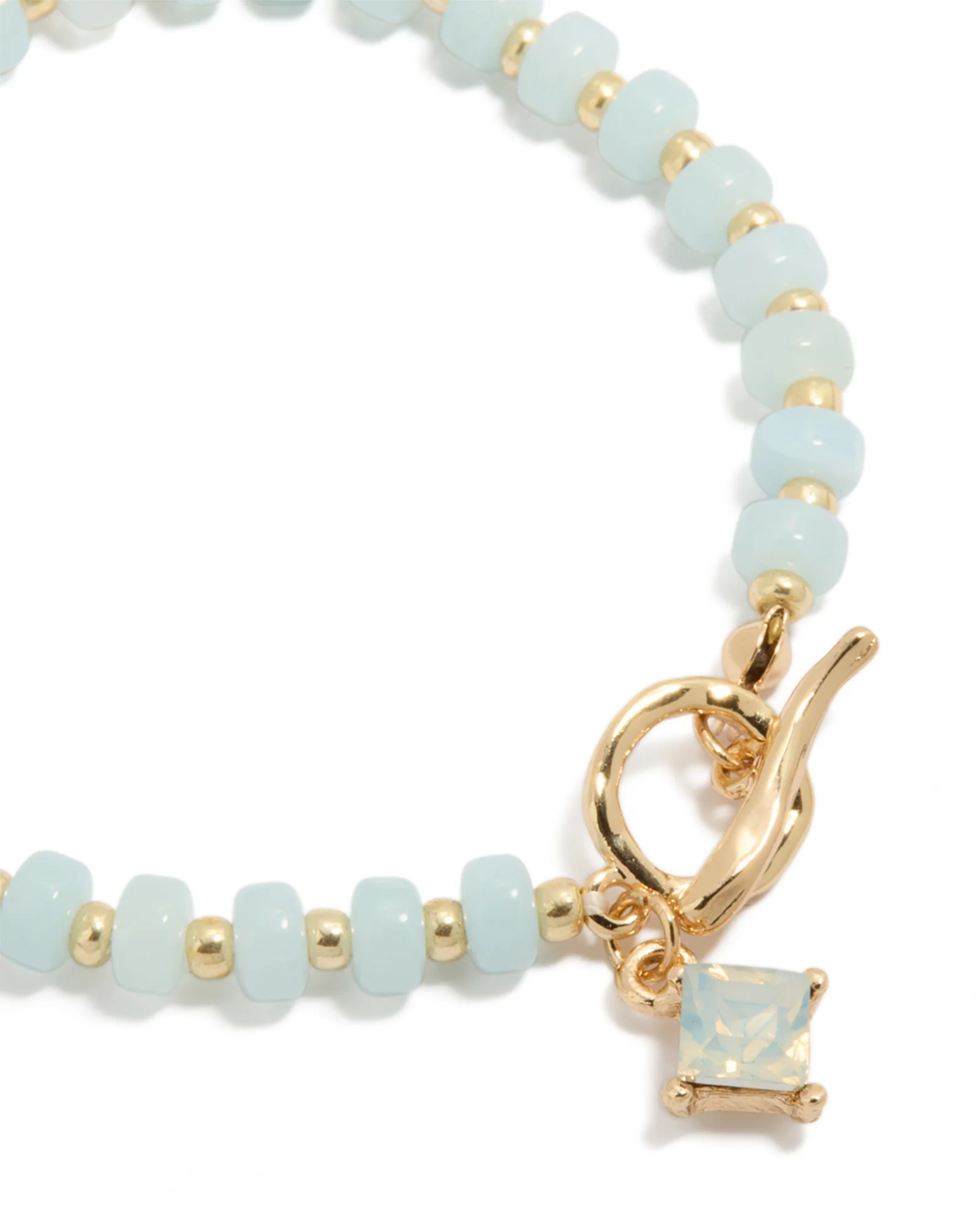 Gold Light Blue Beaded & Diamante Charm Stretch Bracelet - Image 2