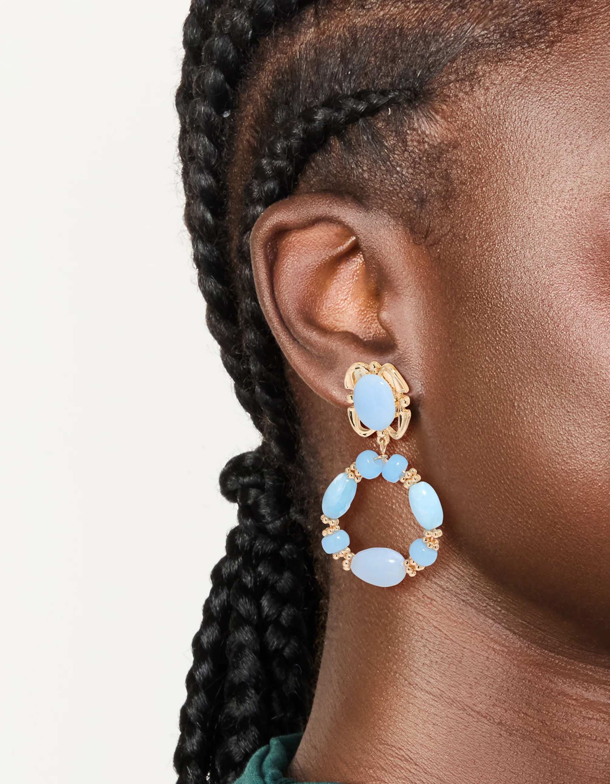 Gold Light Blue Beaded Oval Drop Earrings