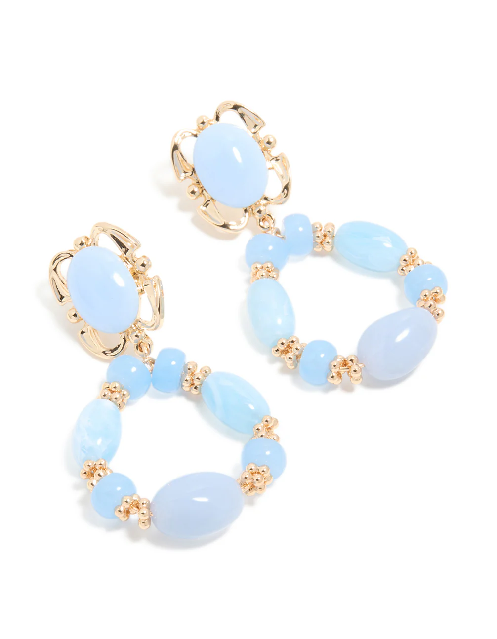 Gold Light Blue Beaded Oval Drop Earrings - Image 2