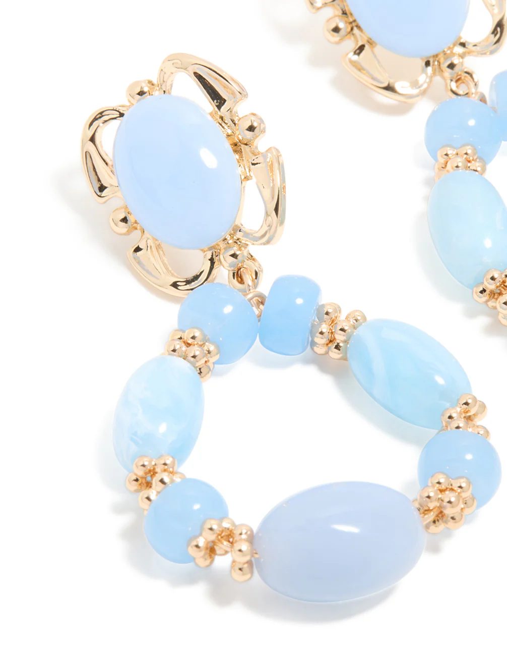 Gold Light Blue Beaded Oval Drop Earrings - Image 4