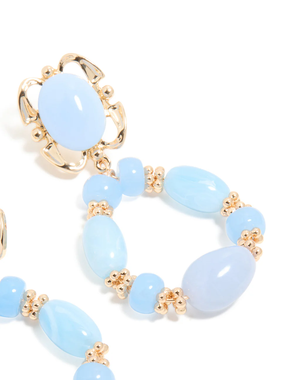 Gold Light Blue Beaded Oval Drop Earrings - Image 5