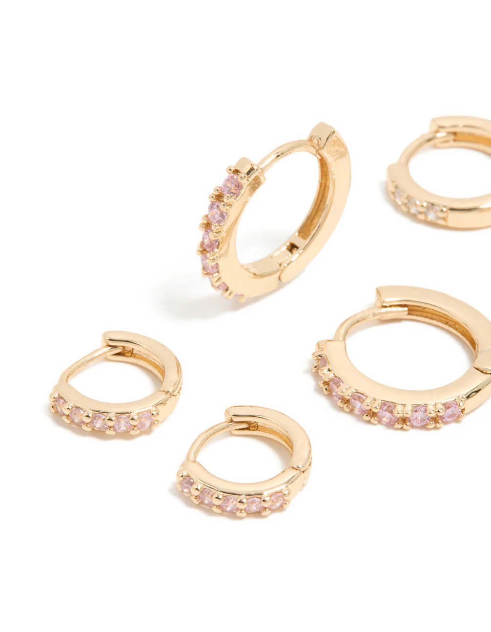 Gold Light Pink Cubic Zirconia Simple Huggie Earrings 3-Pack - Image 4