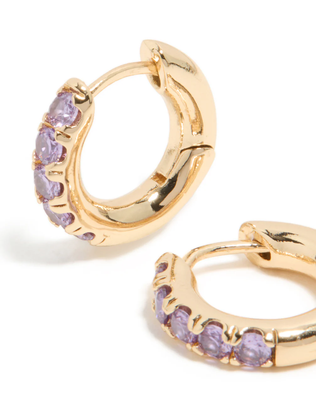 Gold Light Purple Cubic Zirconia Small Clicker Earrings - Image 4