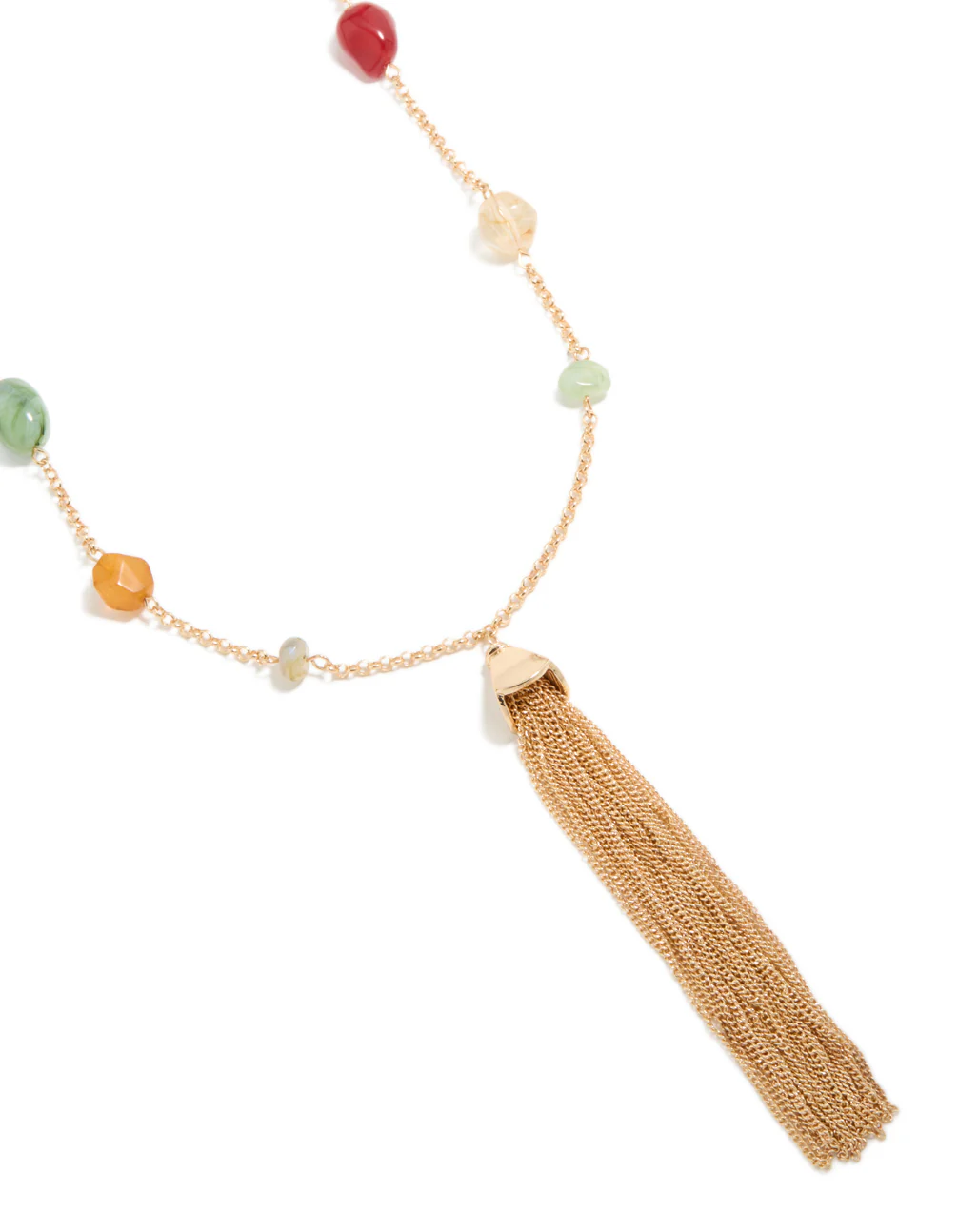 Gold Long Multicoloured Beaded Tassel Chain Drop Necklace