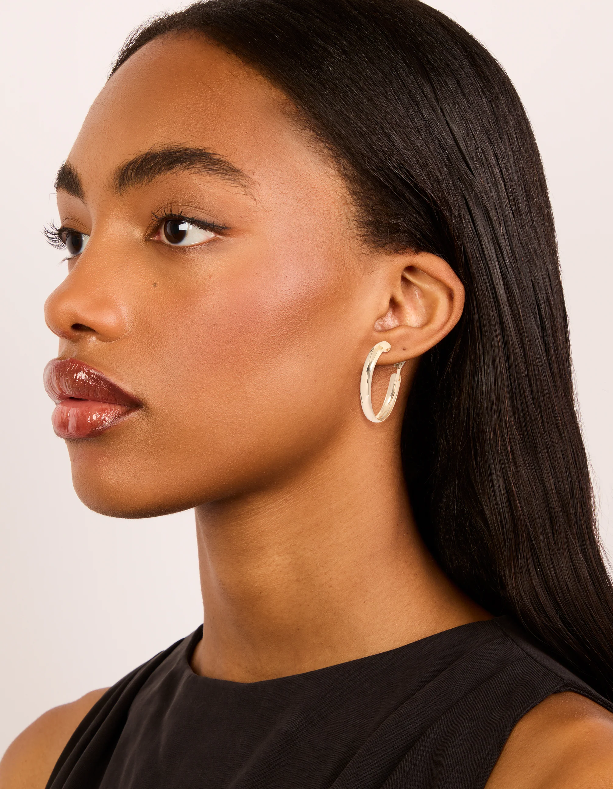 Gold Medium Flat Smooth Hoop Earrings - Image 3
