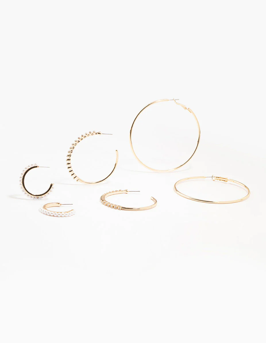 Gold Mixed Diamante & Pearl Hoop Earrings 3-Pack
