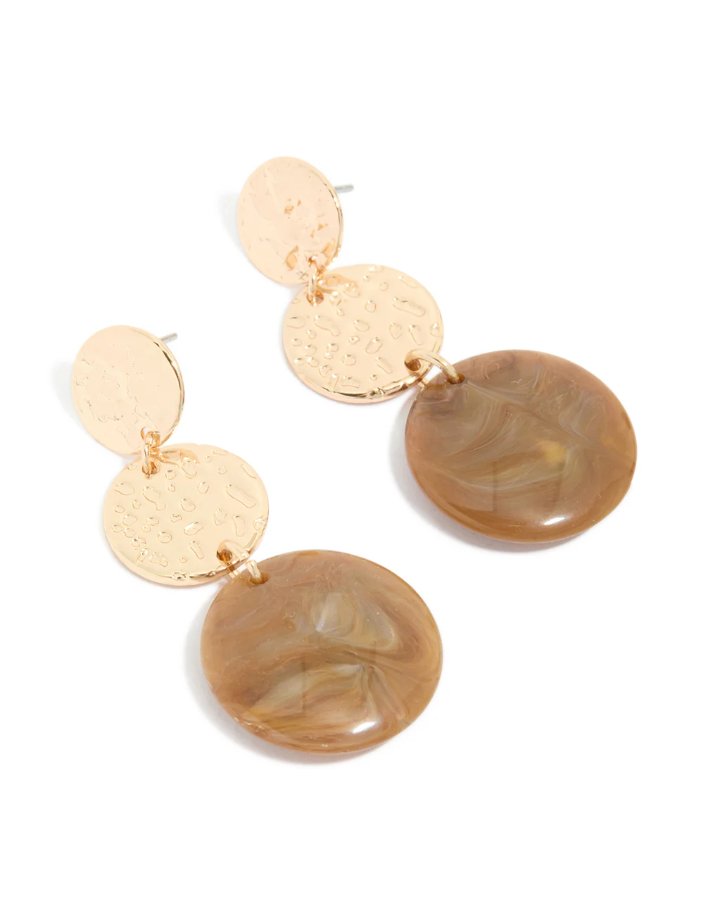Gold Molten & Brown Stone Round Drop Earrings - Image 2