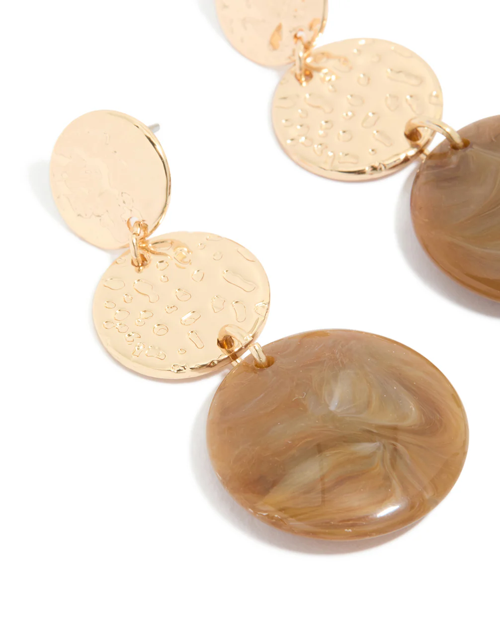Gold Molten & Brown Stone Round Drop Earrings - Image 4