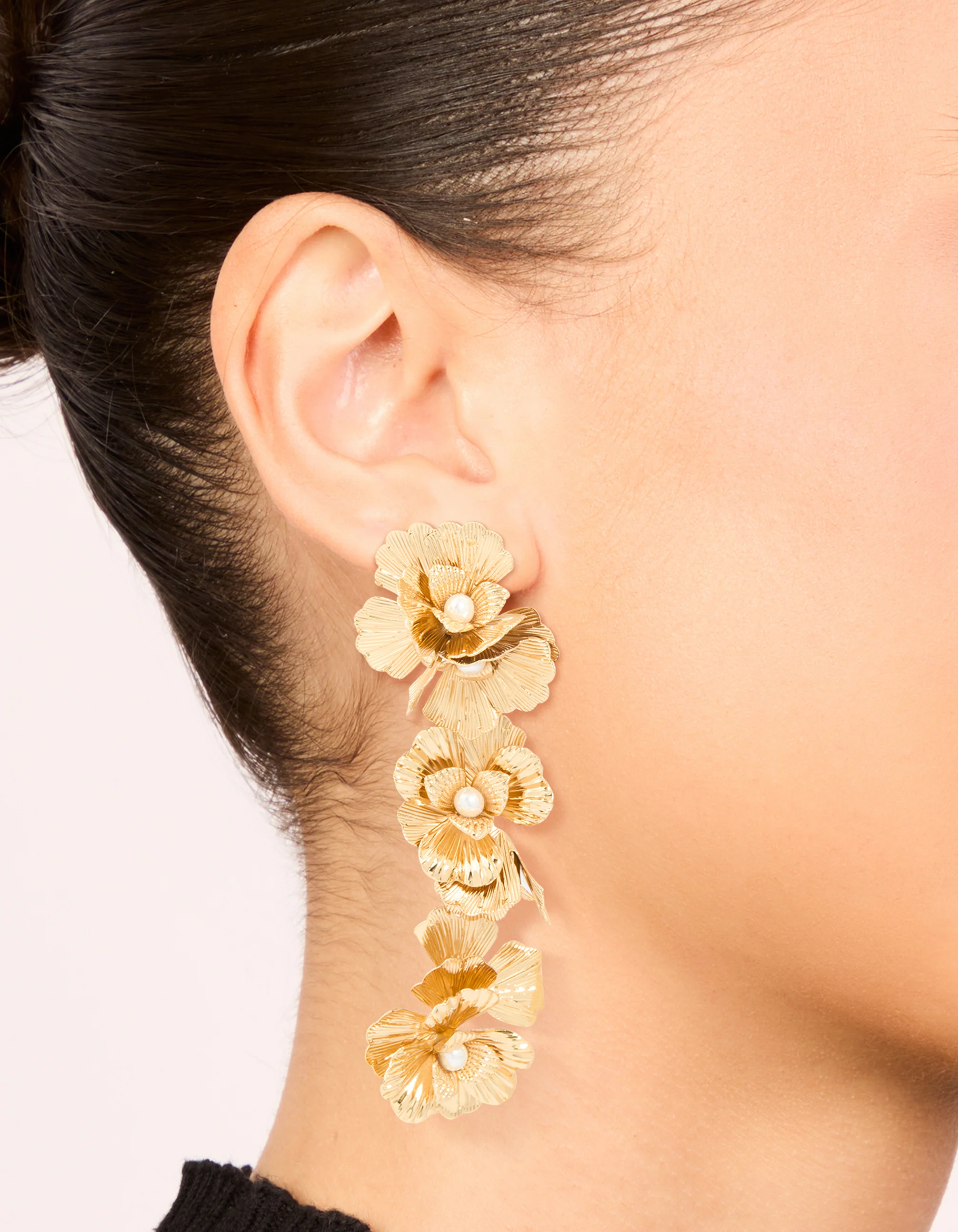 Gold Molten & Pearl Flower Drop Earrings - Image 2